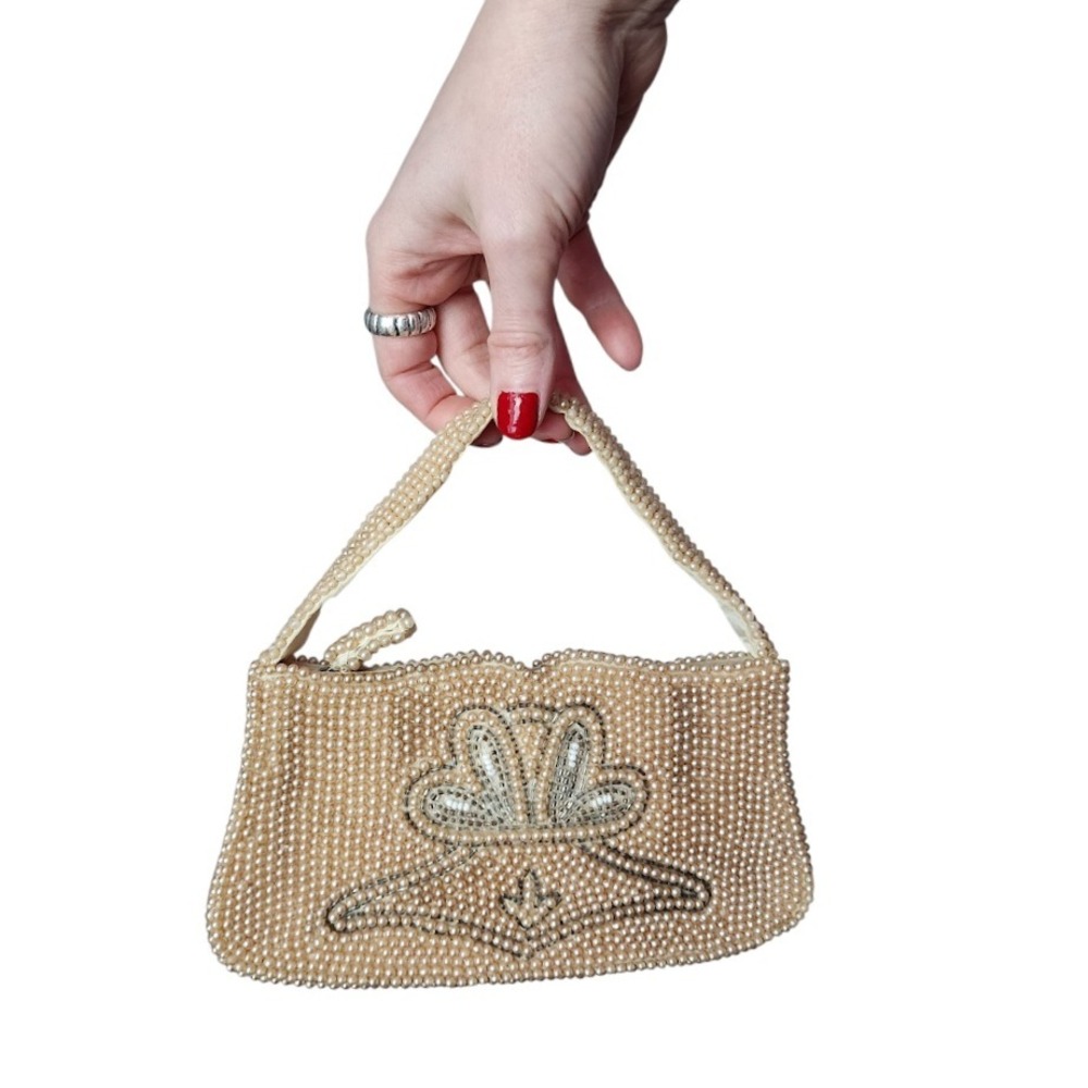 VTG 60s coquette Beaded Pearl Evening Bag Made in Japan Bridal Purse Cream